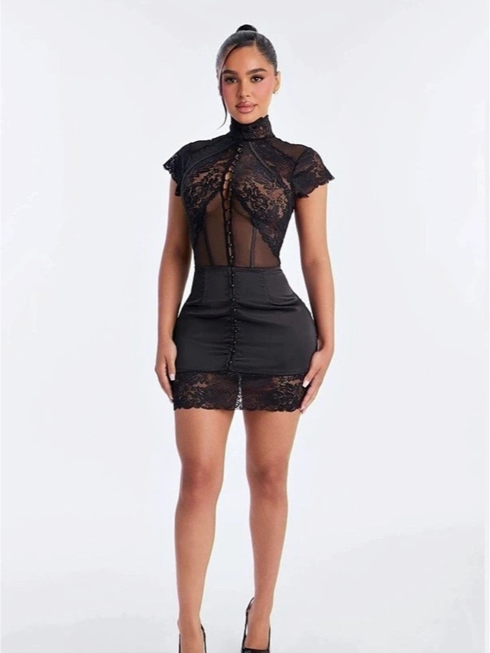 Black Lace High Neck Mini Dress